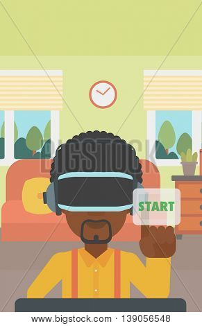 An african-american man wearing virtual reality headset and playing video game. Man in virtual reality headset pushing virtual button start. Vector flat design illustration. Vertical layout.