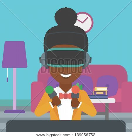 An african-american woman  wearing a virtual reality headset and holding motion controllers in hands. Woman playing video games in apartment. Vector flat design illustration. Square layout.