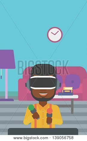 An african-american man wearing virtual reality headset and holding motion controllers in hands. Man playing video games in apartment. Vector flat design illustration. Vertical layout.