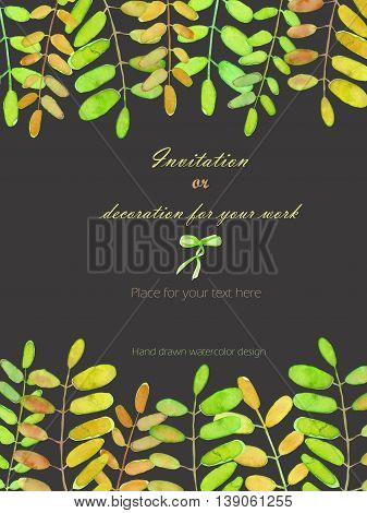 Background, template postcard with the acacia tree branches, hand drawn on a dark background, background for your card and work