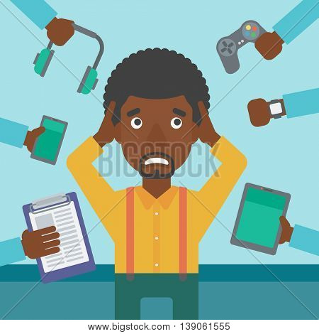 An african-american man in despair and many hands with gadgets around him. Young man surrounded with gadgets. Man using many electronic gadgets. Vector flat design illustration. Square layout.