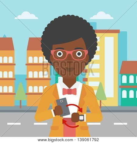 An african-american woman  holding a smartphone looking at her smart watch. Synchronization between smartwatch and smartphone. Vector flat design illustration. Square layout.