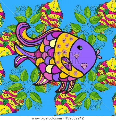 Seamless pattern with colorful fish on dark gradient blue background. Vector illustration.