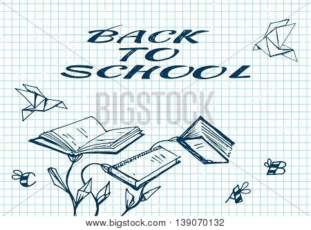 Sketch books like flowers with letters like bees and birds like origami. Back to school concept.
