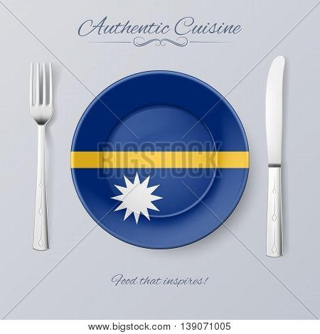 Authentic Cuisine of Nauru. Plate with Nauruan Flag and Cutlery