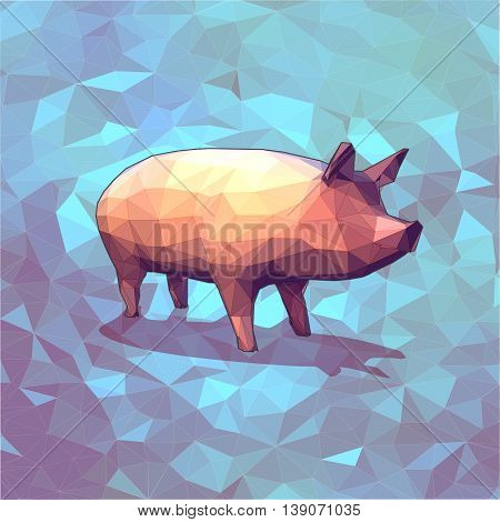 Low poly 3D pig with graphic line on blue background