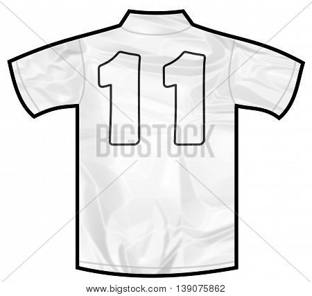 Number 11 eleven white sport shirt as a soccer, hockey, basket, rugby, baseball, volley or football team t-shirt. Like German or England or USA national team