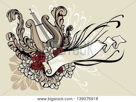 Decorative vector illustration of a harp with ribbon and floral ornament