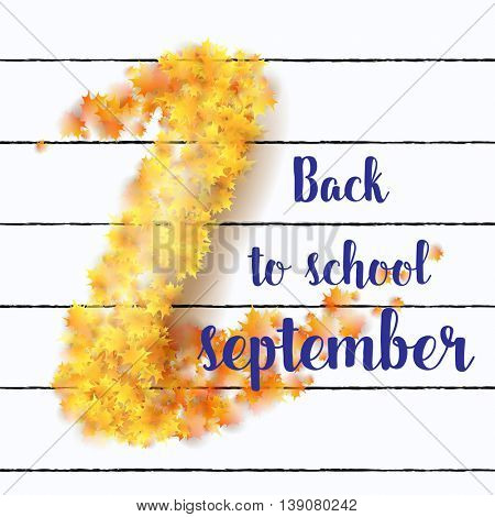 First September Autumn light Background. Bright autumn maple leaves shaped like 1. Square frame. Vector illustration. Back to school.