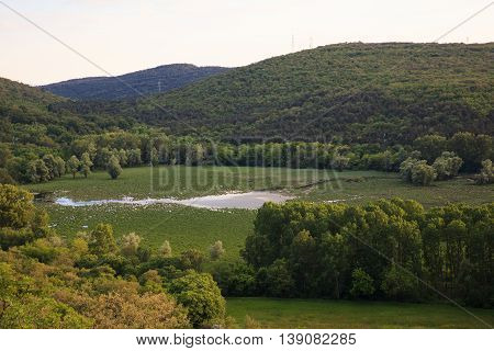 View of Lake Doberdò sinkhole in the Province of Gorizia Friuli-Venezia Giulia Italy