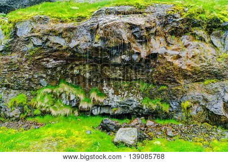 Picture of water seeping through the volcanic rock which is commonly seen at the mountains in Iceland