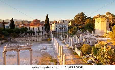 ATHENS, GREECE - JULY 17, 2015: Remains of the Roman Agora and Tower of Winds in Athens, Greece on July 17, 2015.