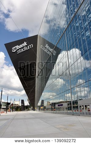 MINNEAPOLIS MN USA - JULY 15 2016: Minnesota Vikings US Bank Stadium in Minneapolis on a Sunny Day