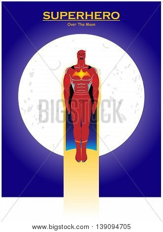 Superhero. Red Superhero with the cape. Superhero over the full moon. Flying Superhero across the moon. Superhero and the moon.