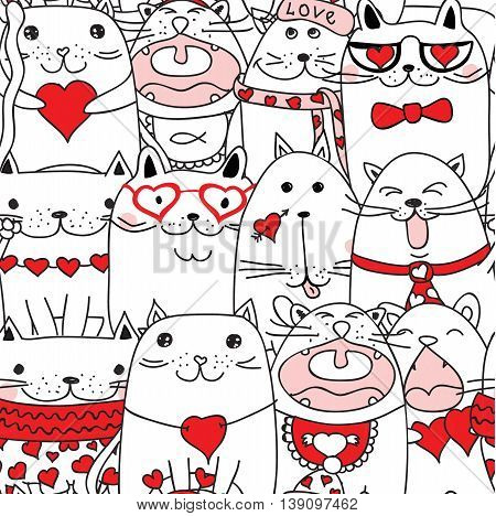 Vector seamless with Cute Cartoon Doodle Valentine Cats