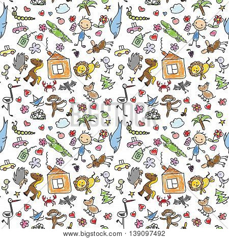 Seamless of Children's drawings of doodle family, animals, people, flowers