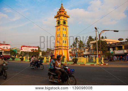 The Clock Tower On The Street. Bago In Myanmar. Burma.