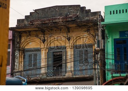 The House On The Street At Night. Bago In Myanmar. Burma.
