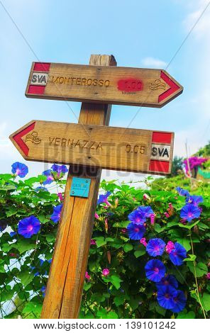 Sign Of The Coastal Hiking Trail At Vernazza, Cinque Terre, Italy