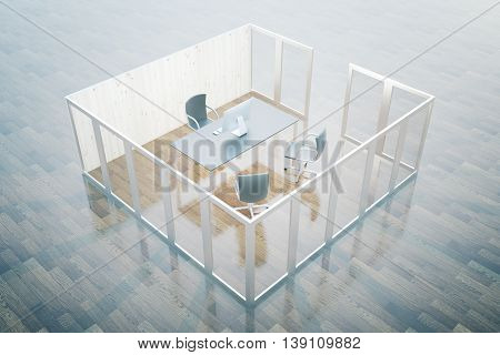 Closeup of desktop with computer monitor in office interior. 3D Rendering