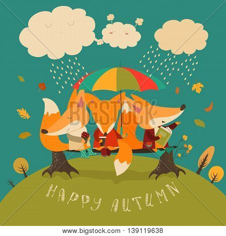Cute foxes sitting under an umbrella on a log. Vector illustration