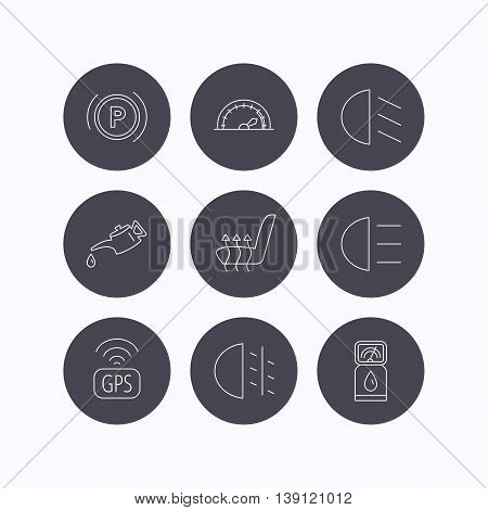 Motor oil, passing fog lights and gps icons. Speedometer, parking and gas station linear signs. Heated seats icon. Flat icons in circle buttons on white background. Vector