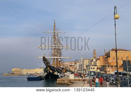 GAETA ITALY - JUNE 25 2016: The three masted Palinuro a historic Italian Navy training barquentine moored in the Gaeta port.