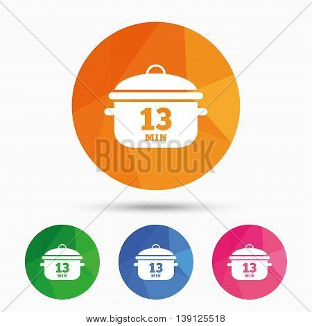 Boil 13 minutes. Cooking pan sign icon. Stew food symbol. Triangular low poly button with flat icon. Vector