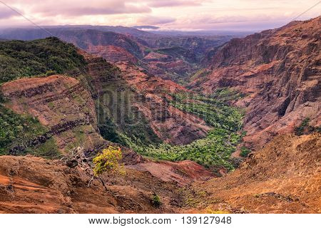 Landscape View Of Waimea Canyon At Sunrise, Kauai, Hawaii