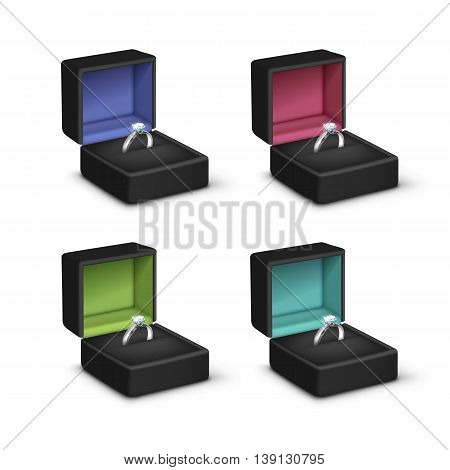 Vector Set of Silver Engagement Rings with White Shiny Clear Diamonds in Black Colored Jewelry boxes Close up Isolated on White Background