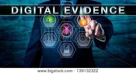 Forensic examiner is touching DIGITAL EVIDENCE on an interactive control screen. Business concept entailing digital forensics evidence law and computer law. Close up torso shot of man in blue suit.
