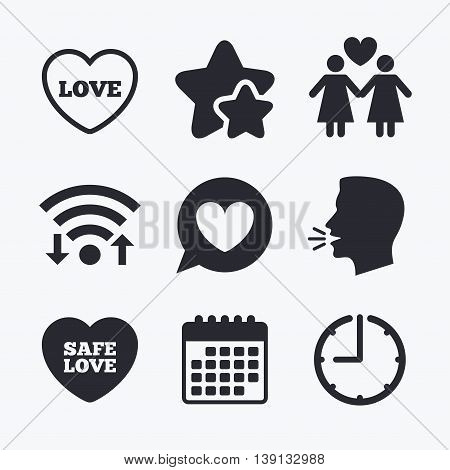 Lesbians couple sign. Speech bubble with heart icon. Female love female. Heart symbol. Wifi internet, favorite stars, calendar and clock. Talking head. Vector