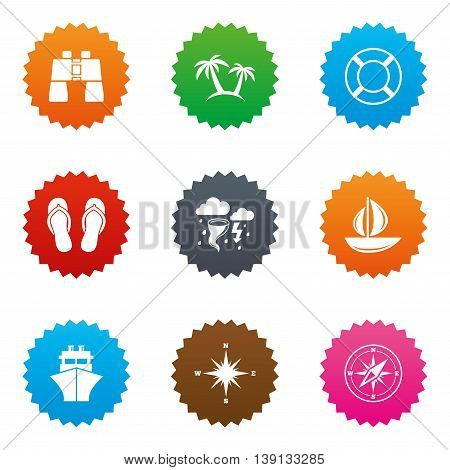 Cruise trip, ship and yacht icons. Travel, lifebuoy and palm trees signs. Binoculars, windrose and storm symbols. Stars label button with flat icons. Vector