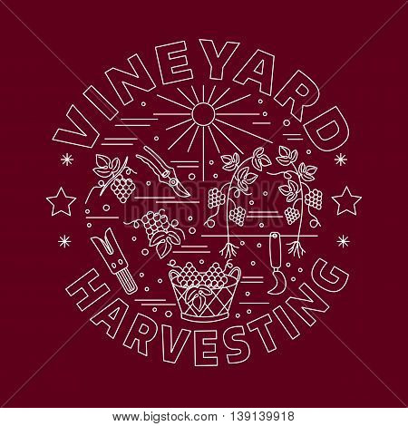 Winery icons arranged in circle composition isolated on white background. Winemaking, wine tasting template for banner, flyer, t shirt, book cover. Winery symbols in line style. raster illustration.