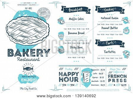 Bakery restaurant menu design. Bakery cafe menu. Food menu template. Bakery restaurant flyer vintage design vector illustration. Gourmet menu board. Bakery cafe flyer. Hand drawings bakery elements. Vintage menu. Menu card.