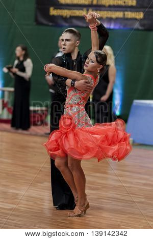Minsk Belarus -May 29 2016: Danila Shmidt and Alina Gumenyuk Perform Juvenile-2 Latin-American Program on National Championship of the Republic of Belarus in May 29 2016 in Minsk Republic of Belarus