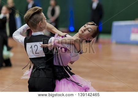 Minsk Belarus -May 29 2016: Tabolin Michail and Zhukovskaya Alina Perform Juvenile-1 Standard European Program on National Championship of the Republic of Belarus in May 29 2016 in Minsk Republic of Belarus