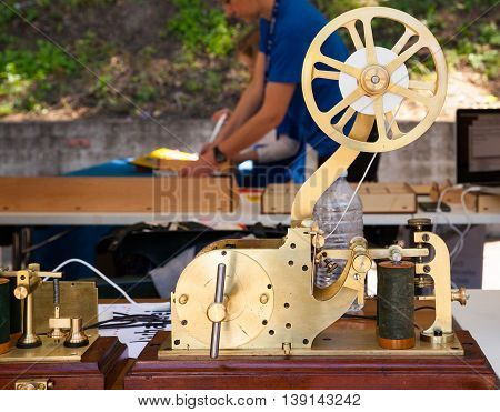 Close up of ancient telegraph on the wooden table