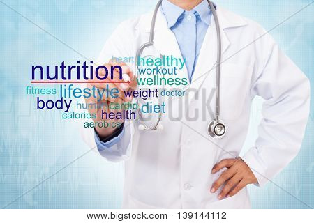 Doctor writing nutrition word on medical background