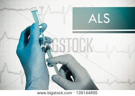 Stop ALS (amyotrophic lateral sclerosis). Syringe is filled with injection. Syringe and vaccine