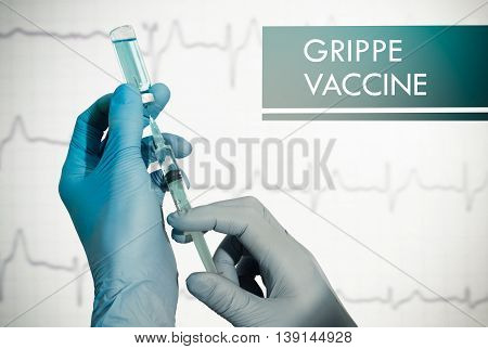 Stop grippe. Syringe is filled with injection. Syringe and vaccine