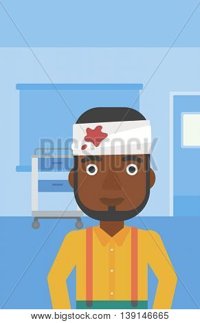 An african-american man with bandages over his head in the medical office. Vector flat design illustration. Vertical layout.