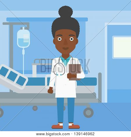 An african-american young female friendly doctor with stetoscope standing in hospital ward and carrying folder of patient or medical information. Vector flat design illustration. Square layout.