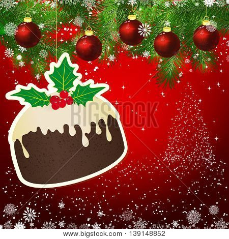 Puding New Year design background. Template card whit red Christmas balls on the green branches. Silhouette of a Christmas tree made of stars. Falling snow.  Holiday illustration with place for text.
