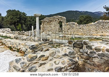 Panorama to Ruins of ancient church in Archaeological site of Aliki, Thassos island,  East Macedonia and Thrace, Greece