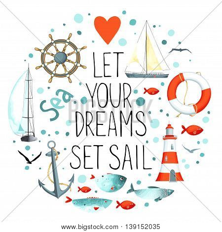 Collection of nautical elements in a circle shape. There are lighthouse, seagull, sailboat, life buoy, fish, anchor and wheel. Objects isolated on white background. Vector illustration.