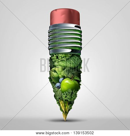 Healthy plan concept as an asparagus shaped as a pencil representing planning a health menu and learning to live a life of natural wellness and fitness strategy tips or living a fit lifestule with 3D illustration elements.