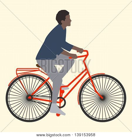 Summer activities female cyclist rides on an orange bike with luggage flat style