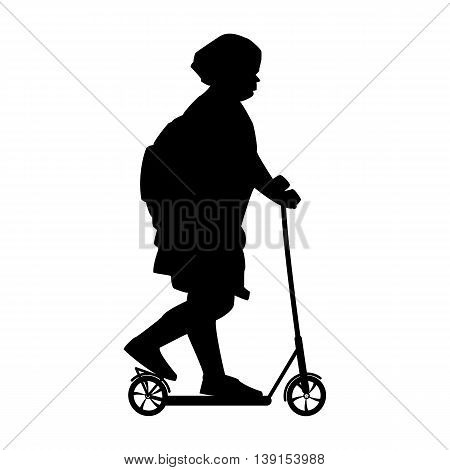Girl with a red backpack on an orange scooter rides in summer flat style