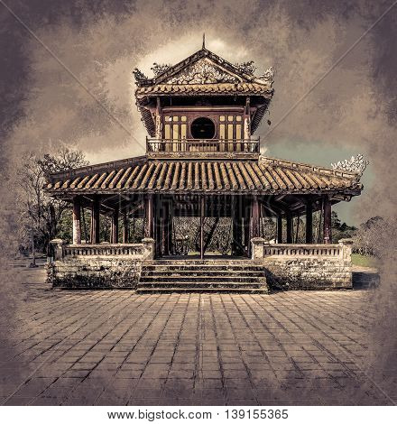 The temple in the Imperial Palace citadel at Hue in Vietnam. Hue, a UNESCO World Heritage site. Vintage painting, background illustration, beautiful picture, travel texture